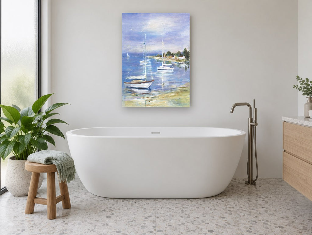 Moored Sailboats Cove coastal canvas print on the wall of a bathroom