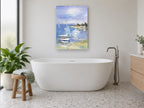 Moored Sailboats Cove coastal canvas print on the wall of a bathroom