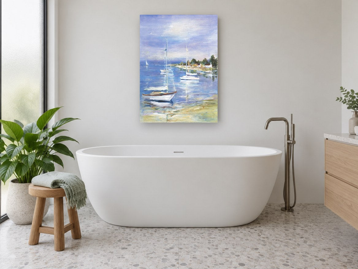 Moored Sailboats Cove coastal canvas print on the wall of a bathroom