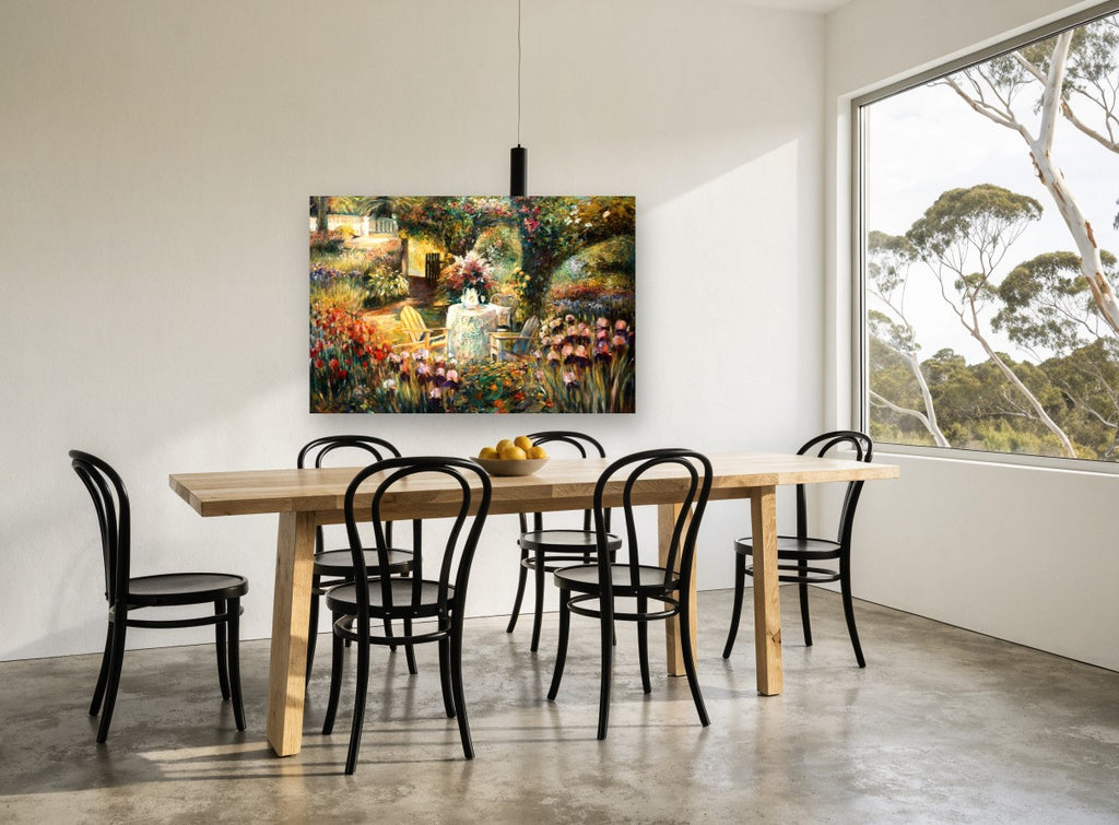 Garden Tea Table floral canvas print on the wall of a dining room