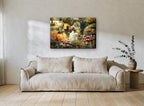 Garden Tea Table floral canvas print on the wall of a living room