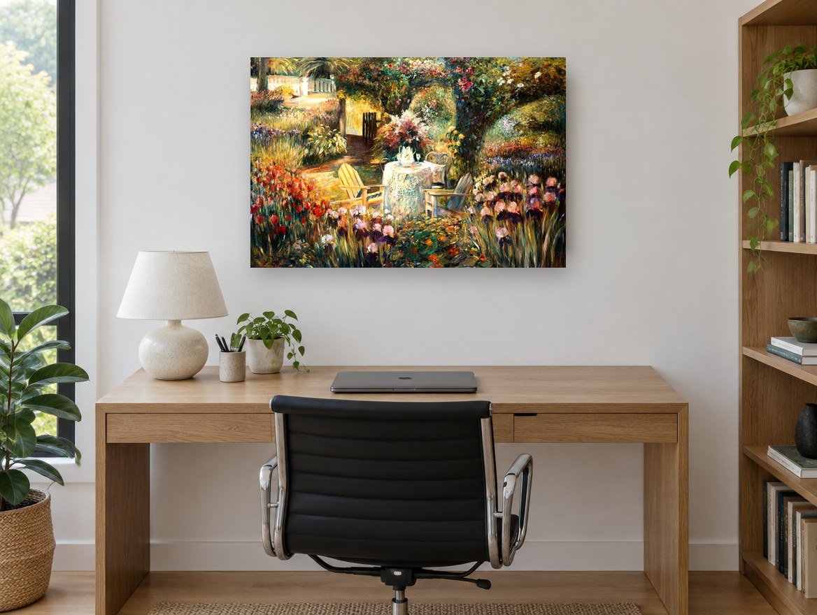 Garden Tea Table floral canvas print on the wall of a study