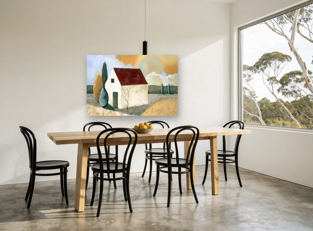 Red Roof Farmhouse landscape canvas print on the wall of a dining room