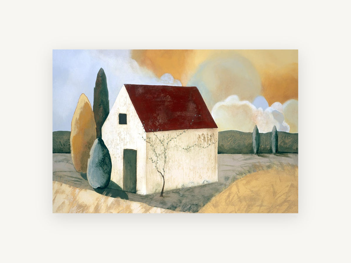 Red Roof Farmhouse, red roof farmhouse rural landscape, landscape canvas wall art print, front view