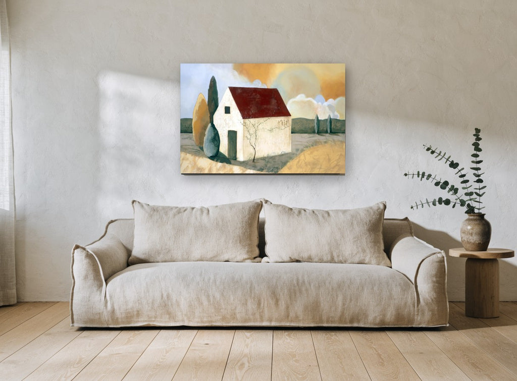 Red Roof Farmhouse landscape canvas print on the wall of a living room