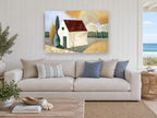Red Roof Farmhouse landscape canvas print on the wall of a beach house living room