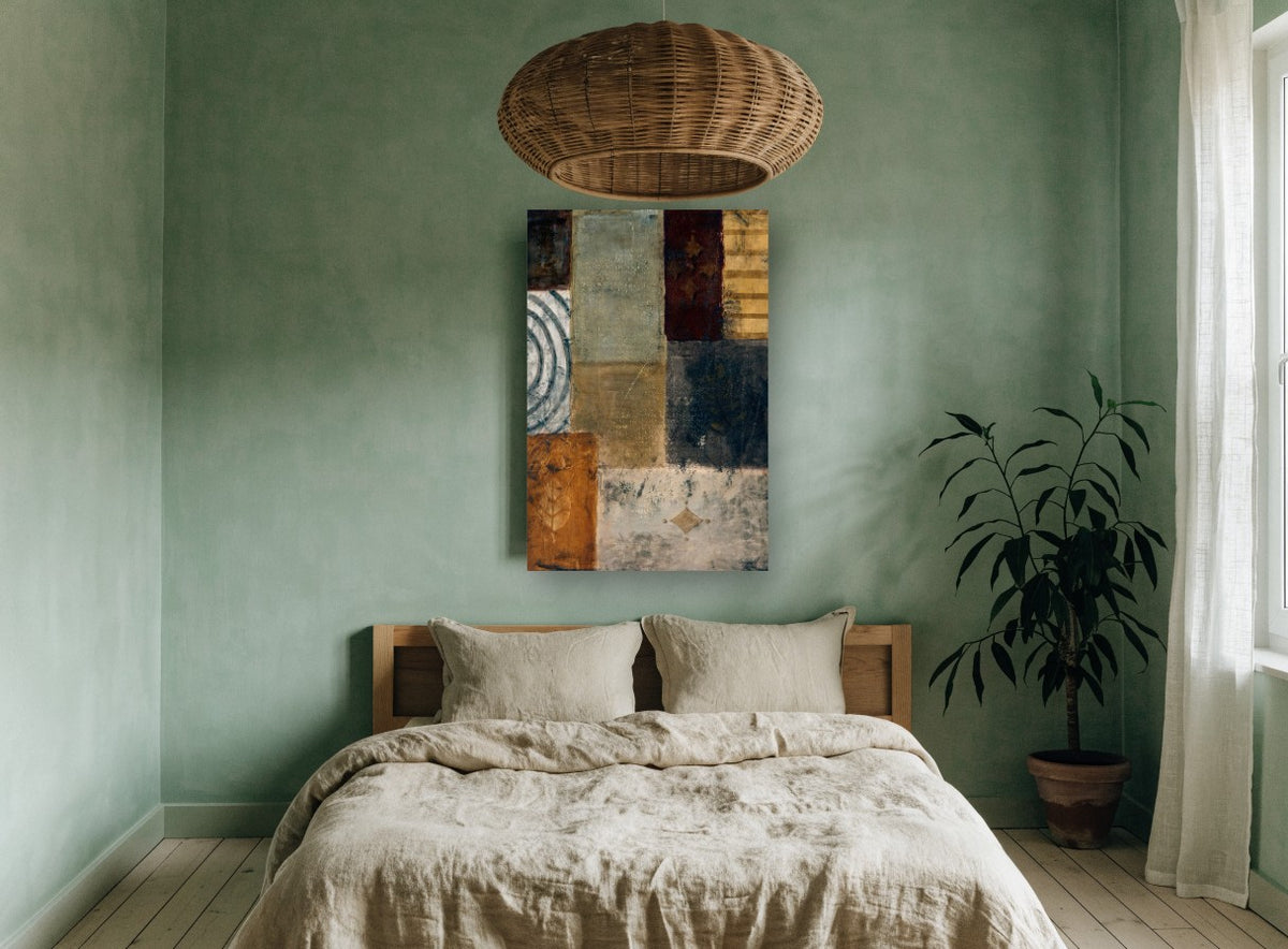 Earthen Patchwork Panels floral canvas print on the wall of a bedroom