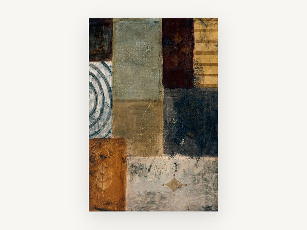 Earthen Patchwork Panels, floral canvas wall art print, front view