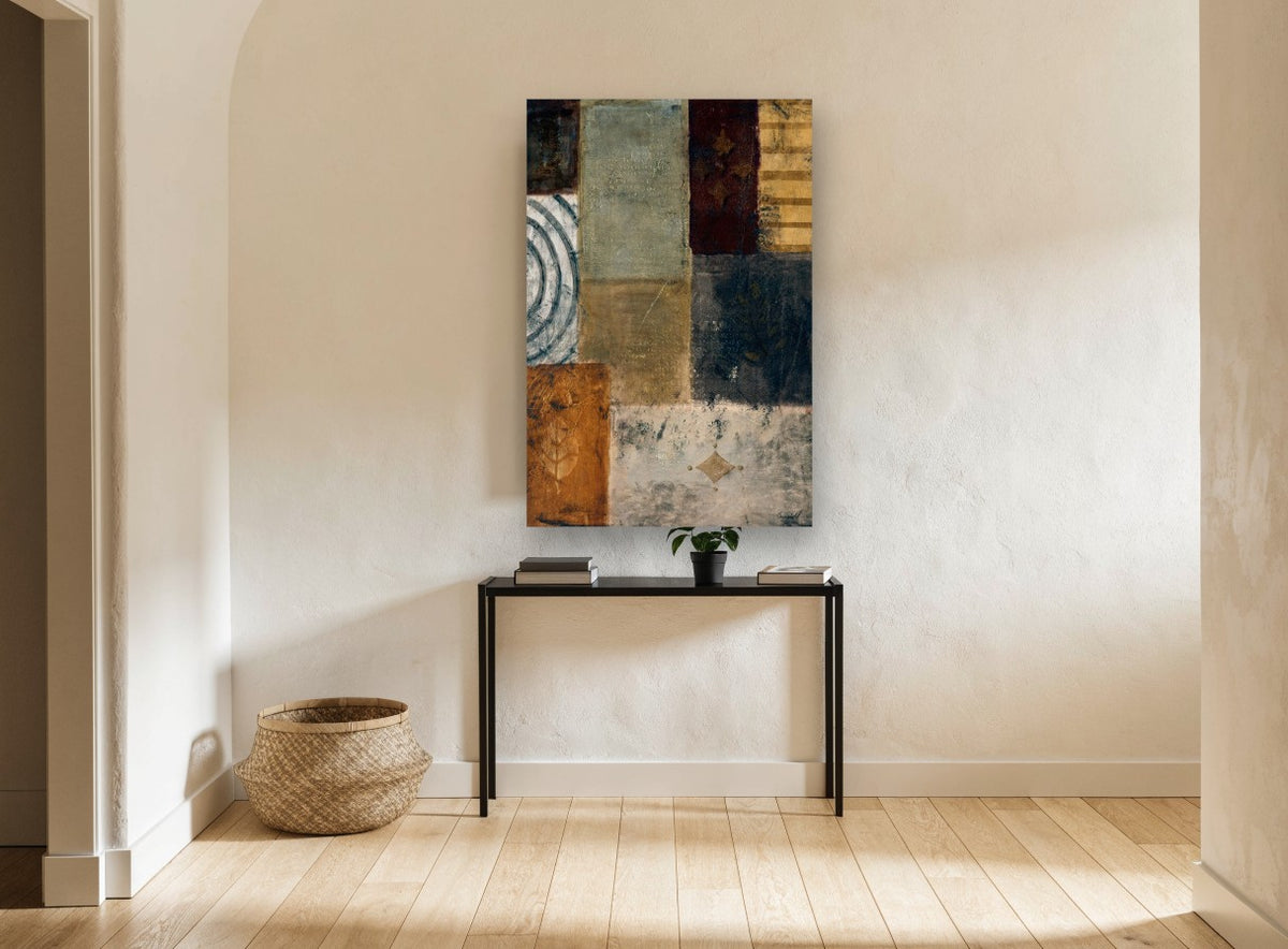 Earthen Patchwork Panels floral canvas print on the wall of a hallway