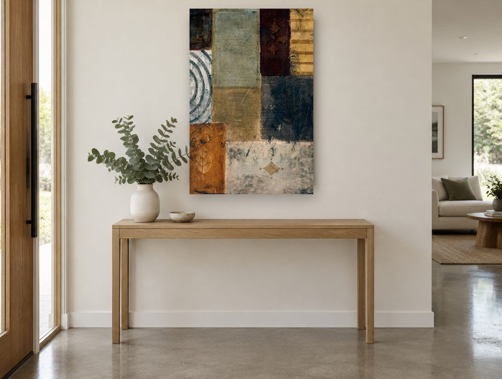 Earthen Patchwork Panels floral canvas print on the wall of a entry hall