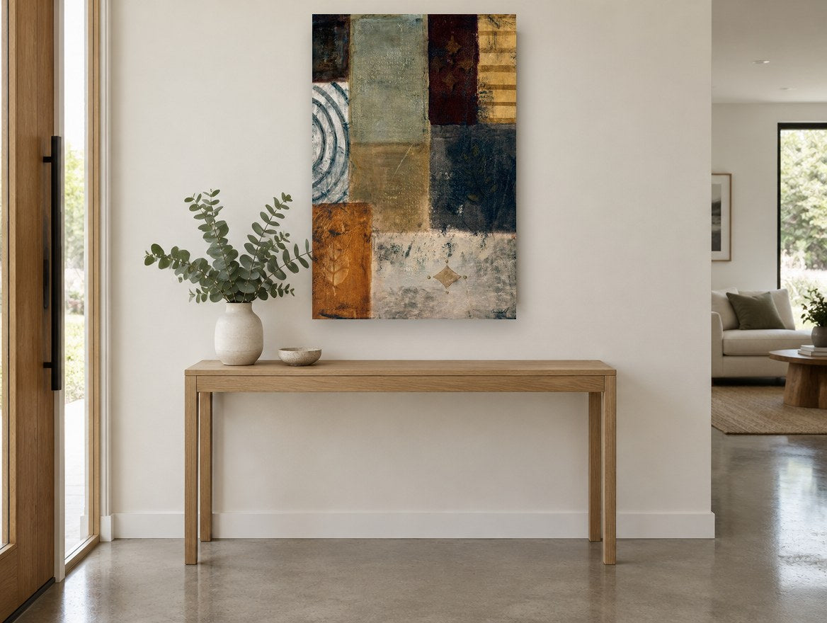 Earthen Patchwork Panels floral canvas print on the wall of a entry hall