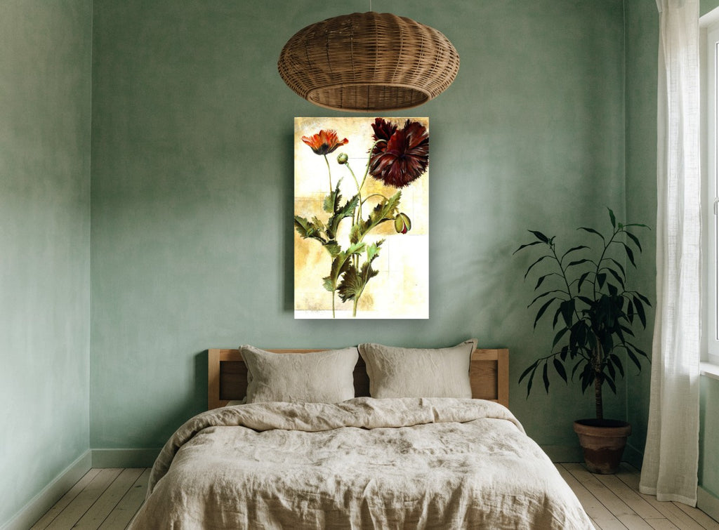 Crimson Poppy Study floral canvas print on the wall of a bedroom