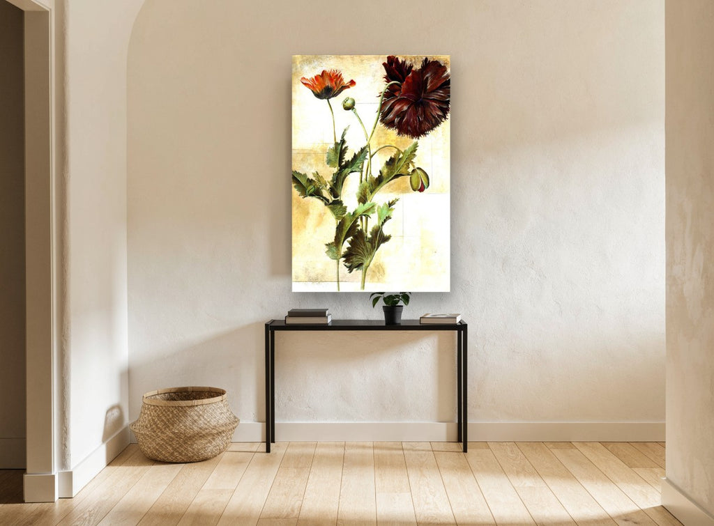Crimson Poppy Study floral canvas print on the wall of a hallway