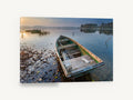 Weathered Rowboat Dawn, old rowboat on lake photograph, landscape canvas wall art print ready to hang