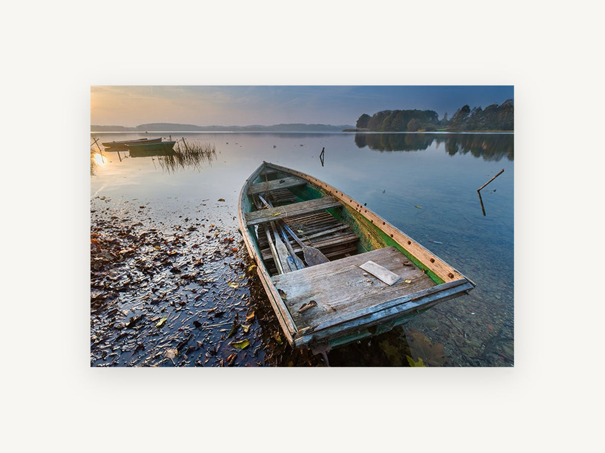 Weathered Rowboat Dawn, old rowboat on lake photograph, landscape canvas wall art print, front view