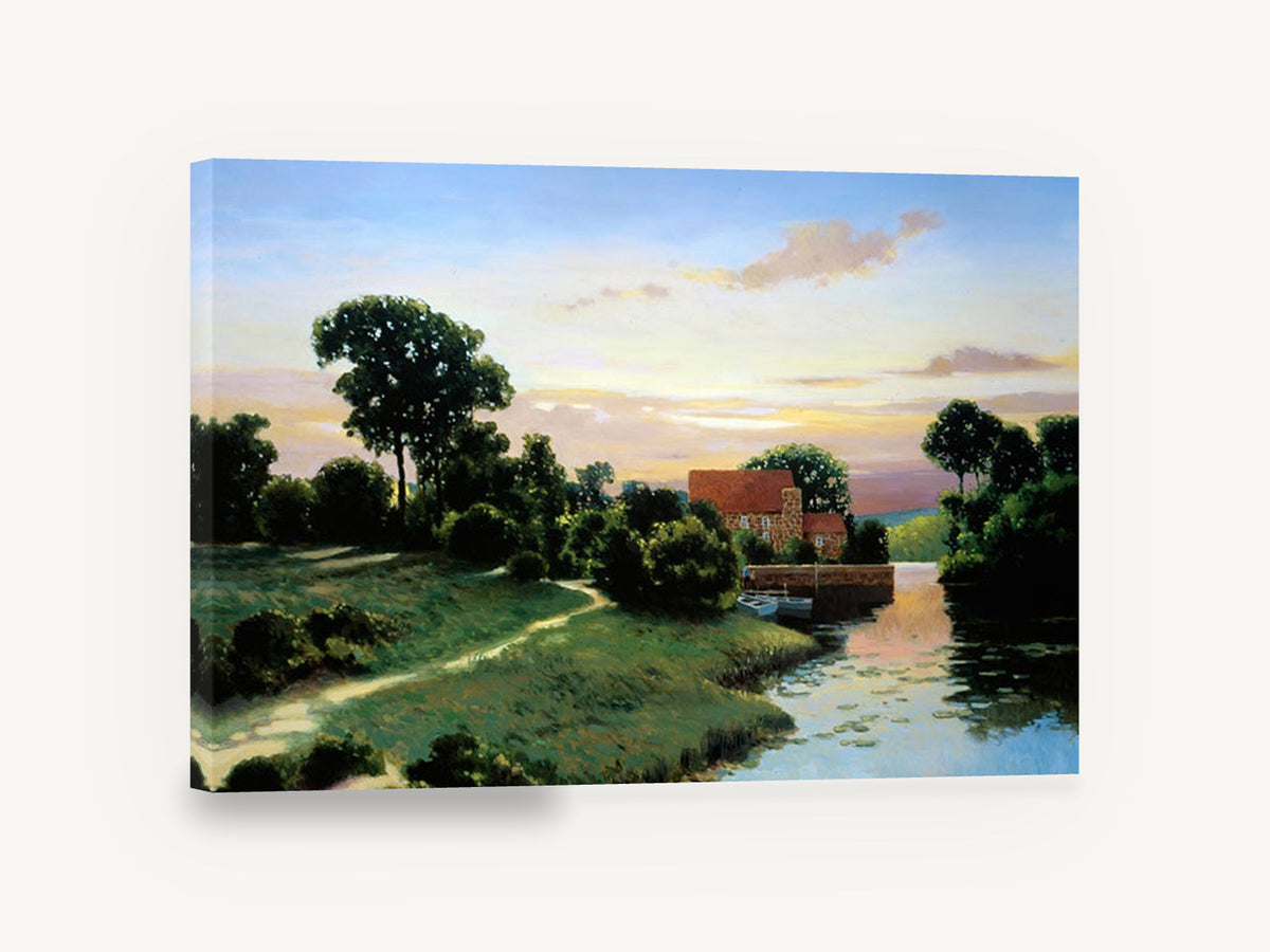 Evening at the Mill, stone mill riverside sunset painting, landscape canvas wall art print ready to hang