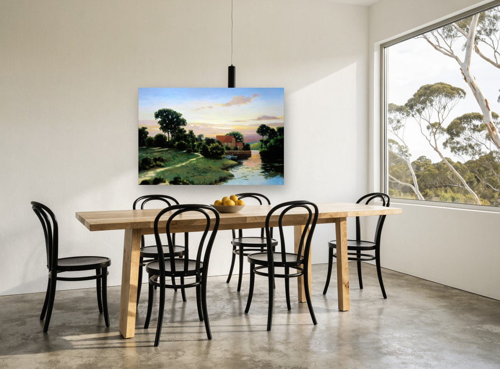 Evening at the Mill landscape canvas print on the wall of a dining room