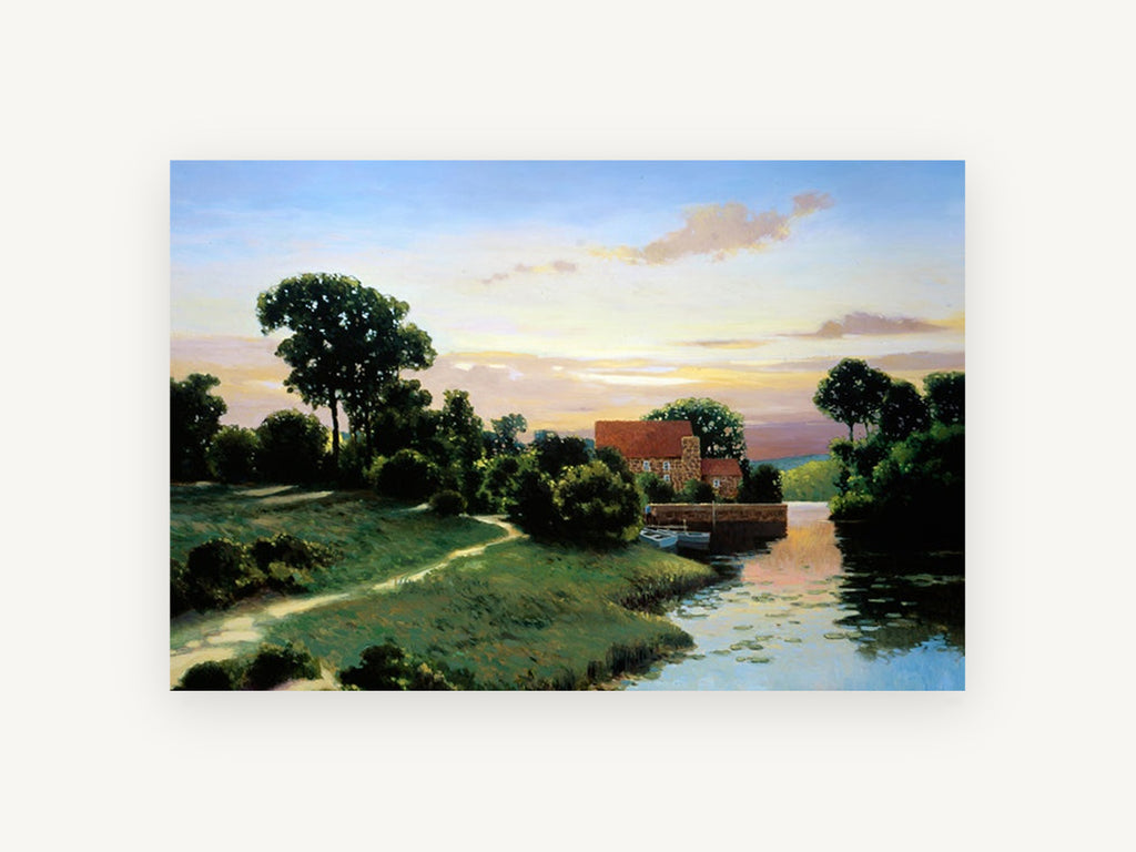 Evening at the Mill, stone mill riverside sunset painting, landscape canvas wall art print, front view