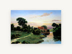 Evening at the Mill, stone mill riverside sunset painting, landscape canvas wall art print, front view