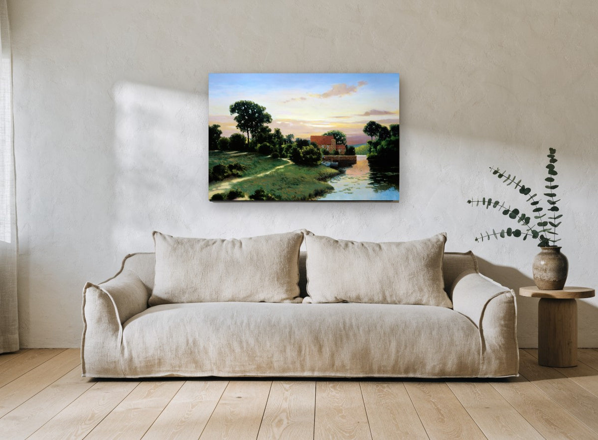 Evening at the Mill landscape canvas print on the wall of a living room