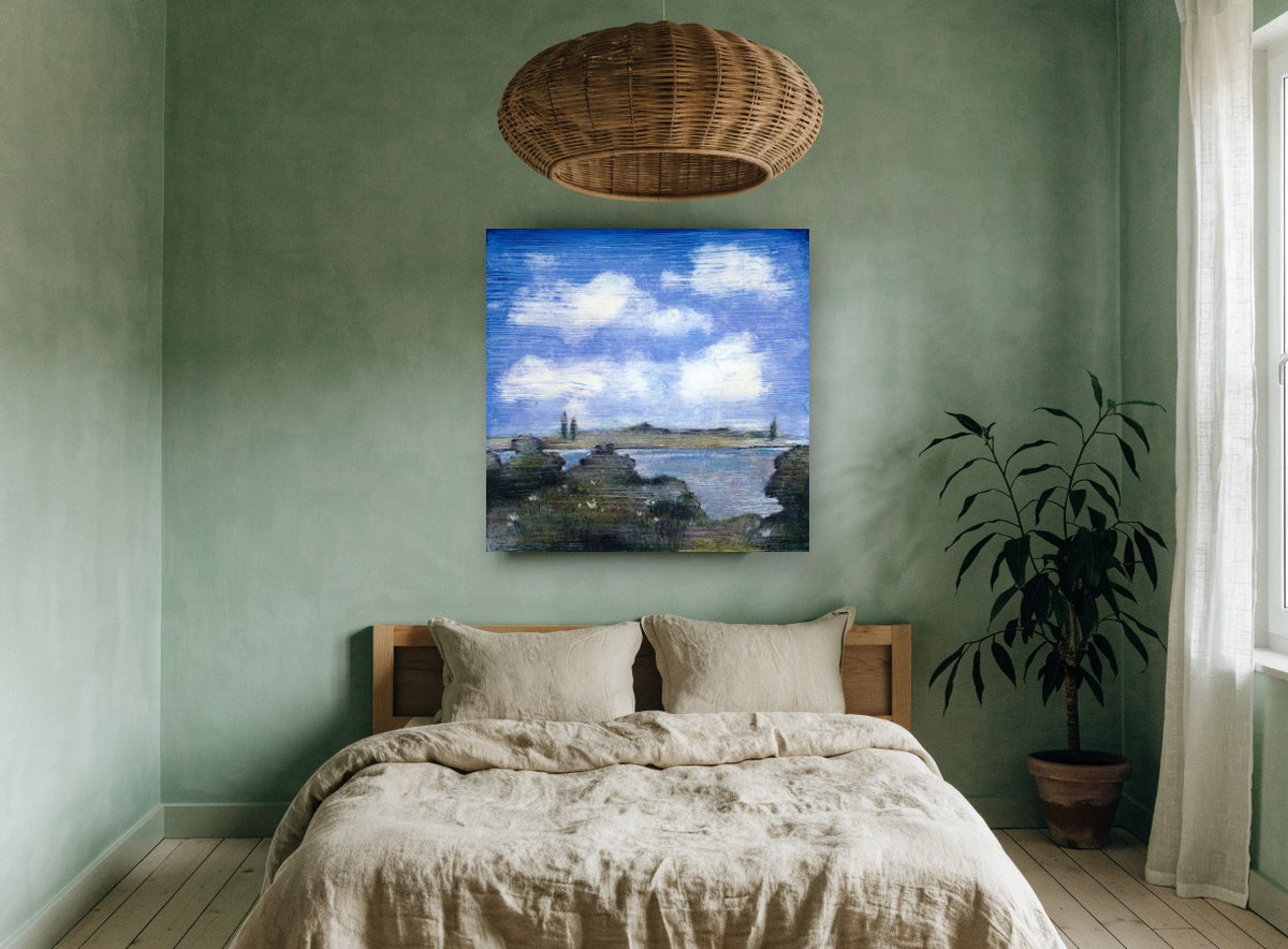 Lakeside Wildflowers Sky floral canvas print on the wall of a bedroom