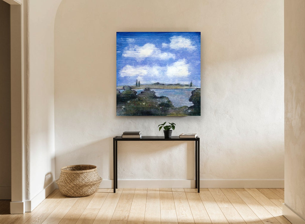 Lakeside Wildflowers Sky floral canvas print on the wall of a hallway