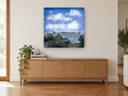 Lakeside Wildflowers Sky floral canvas print on the wall of a living room above a sideboard