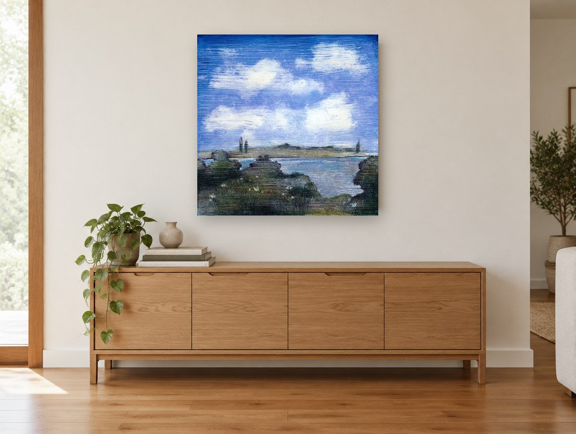 Lakeside Wildflowers Sky floral canvas print on the wall of a living room above a sideboard