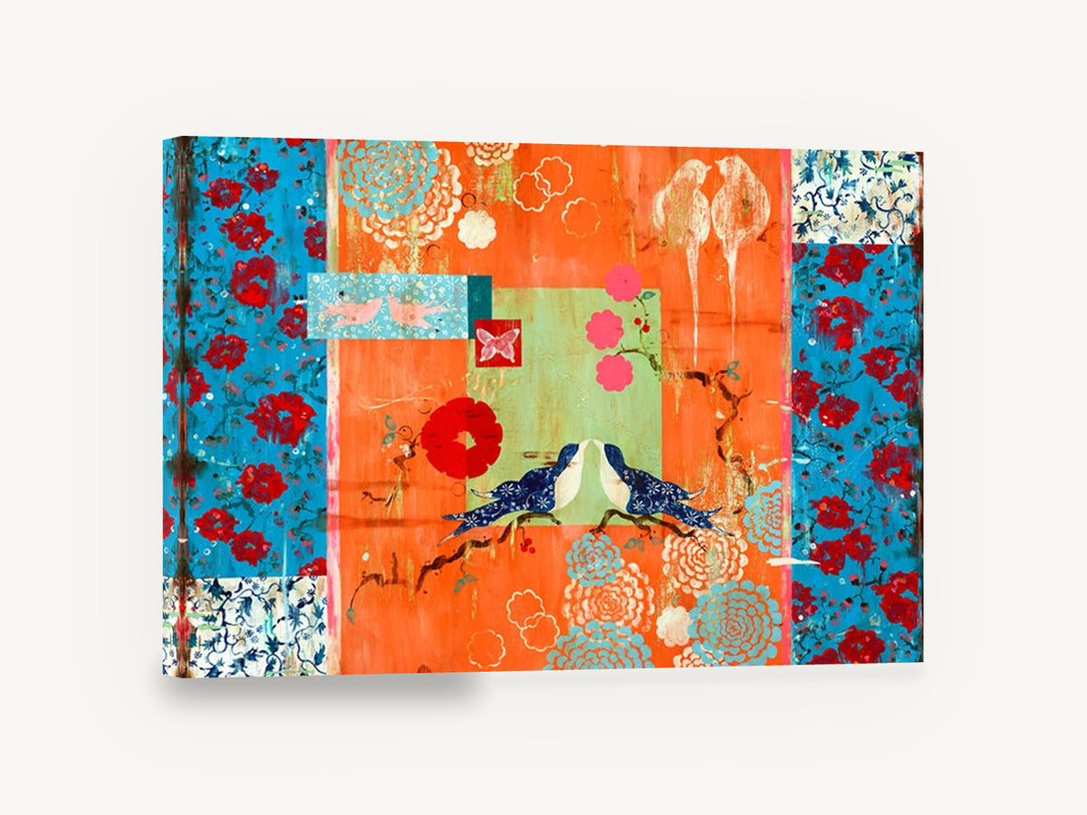 Lovebirds on Orange, blue birds orange floral collage, floral canvas wall art print ready to hang
