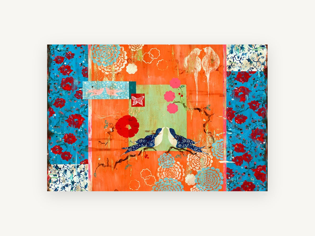 Lovebirds on Orange, floral canvas wall art print, front view