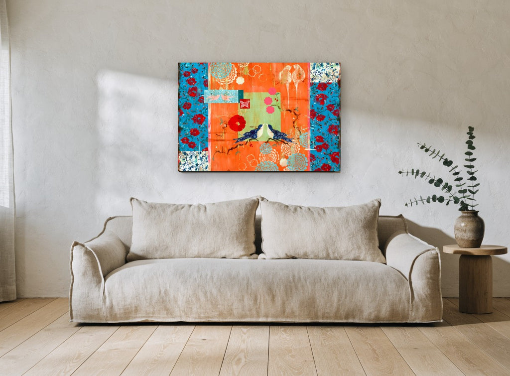 Lovebirds on Orange floral canvas print on the wall of a living room