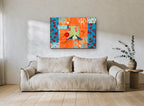 Lovebirds on Orange floral canvas print on the wall of a living room