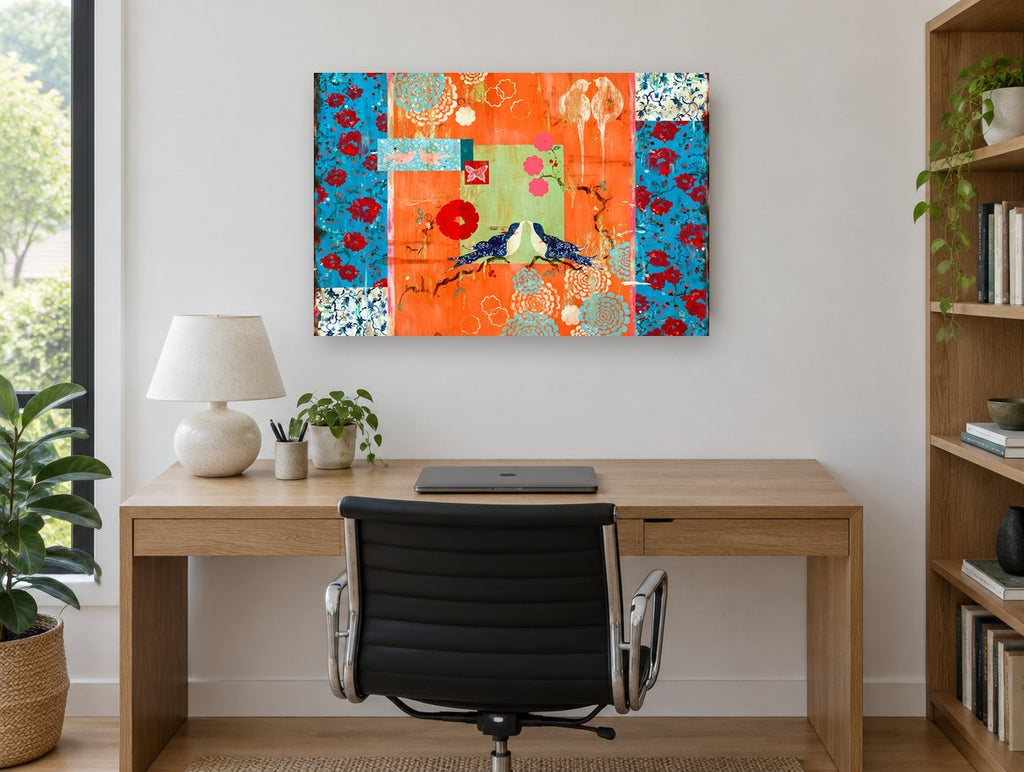Lovebirds on Orange floral canvas print on the wall of a study