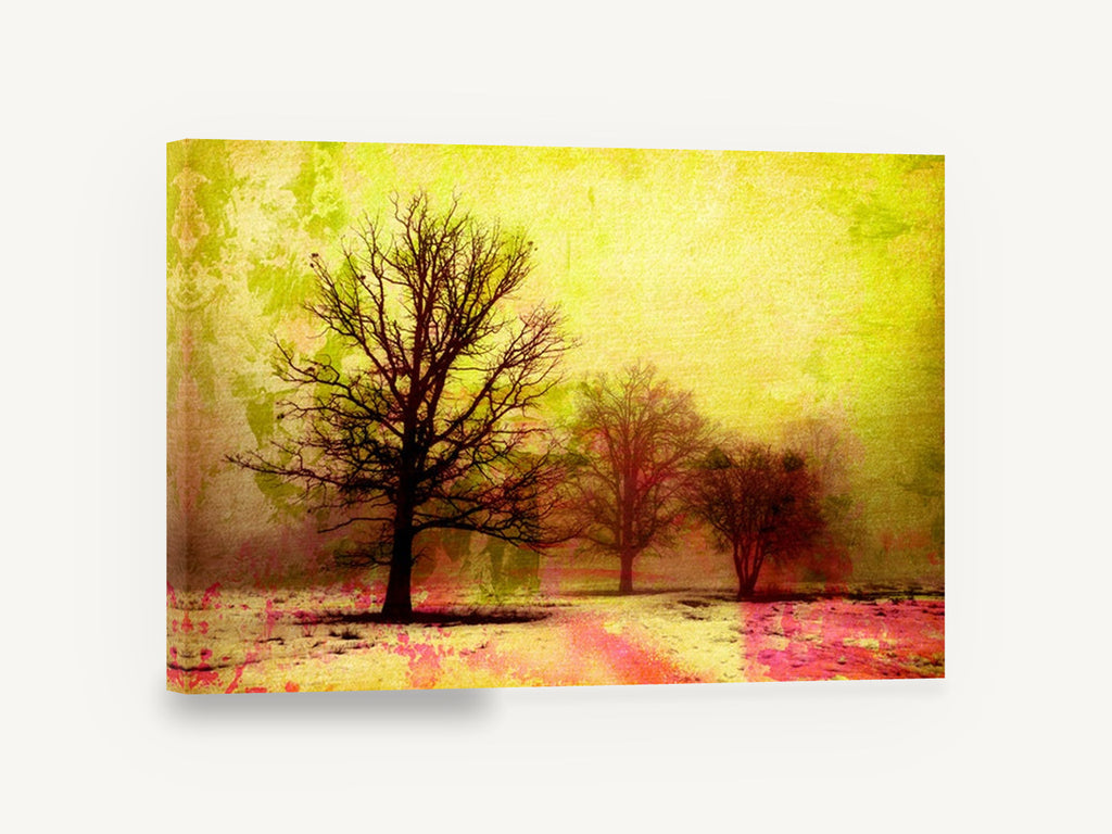 Acid Winter Trees, bare trees yellow textured landscape, landscape canvas wall art print ready to hang