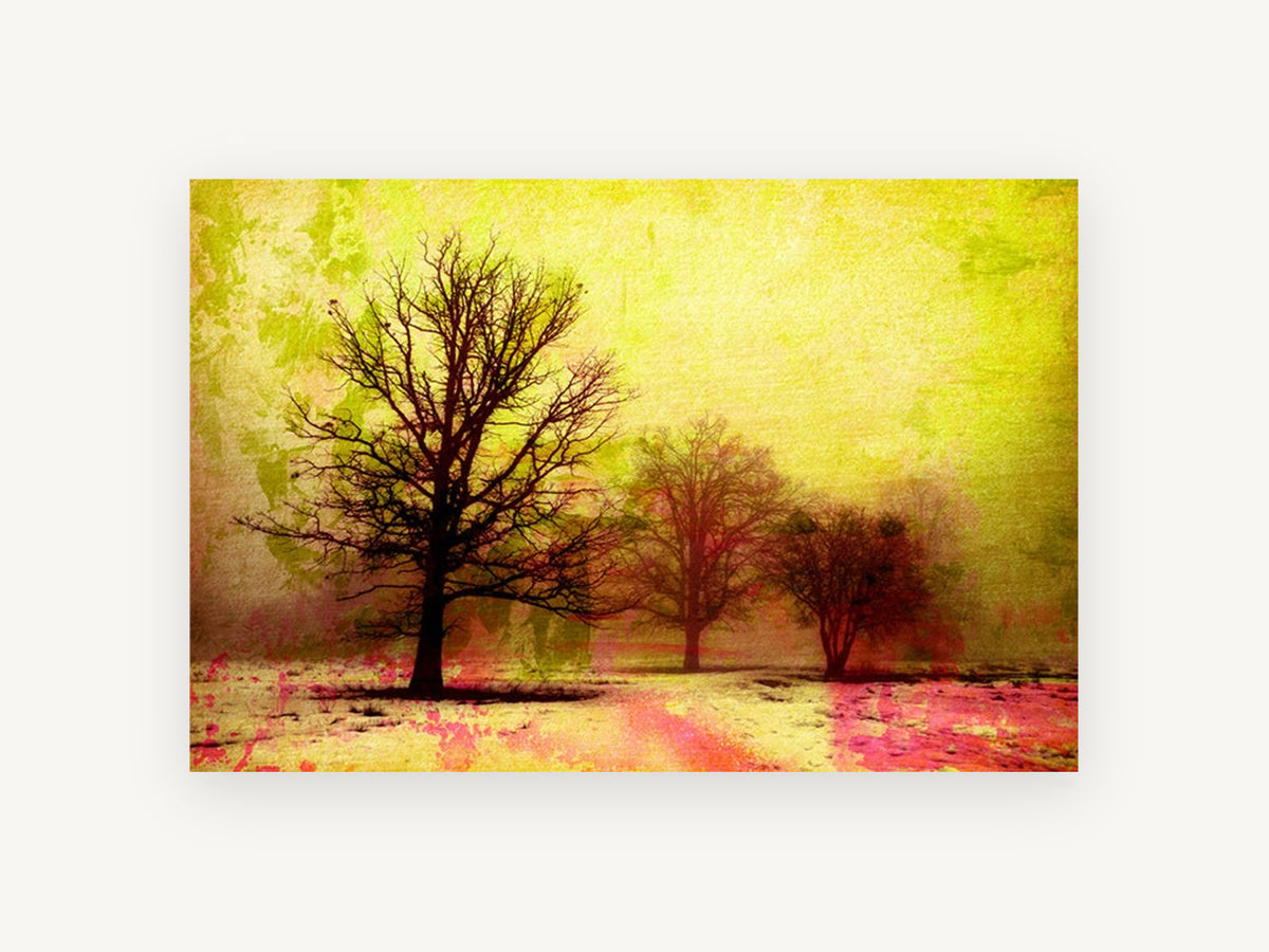 Acid Winter Trees, bare trees yellow textured landscape, landscape canvas wall art print, front view