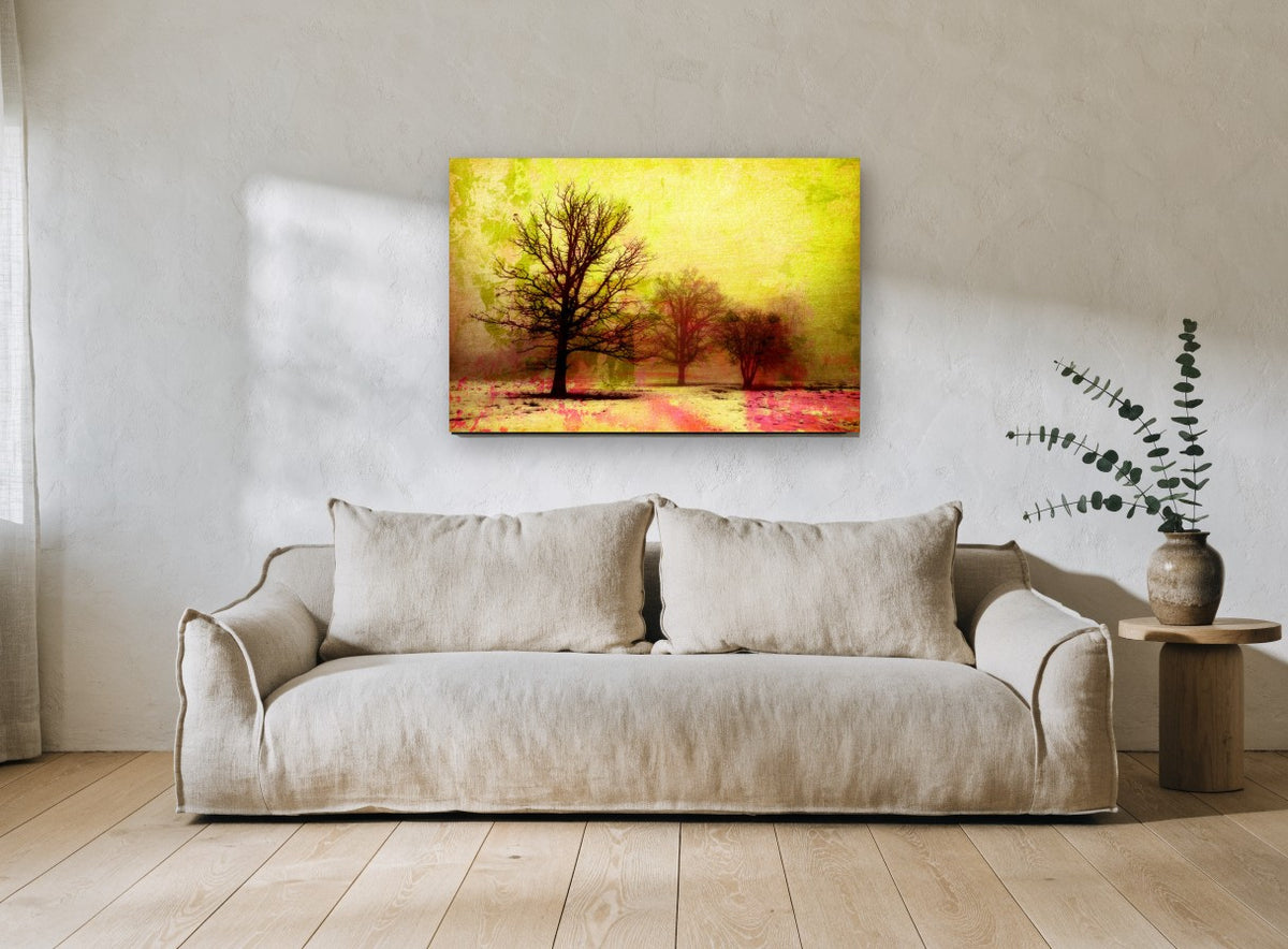 Acid Winter Trees landscape canvas print on the wall of a living room