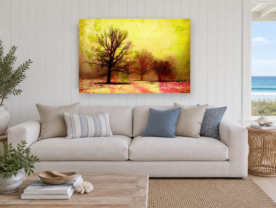 Acid Winter Trees landscape canvas print on the wall of a beach house living room
