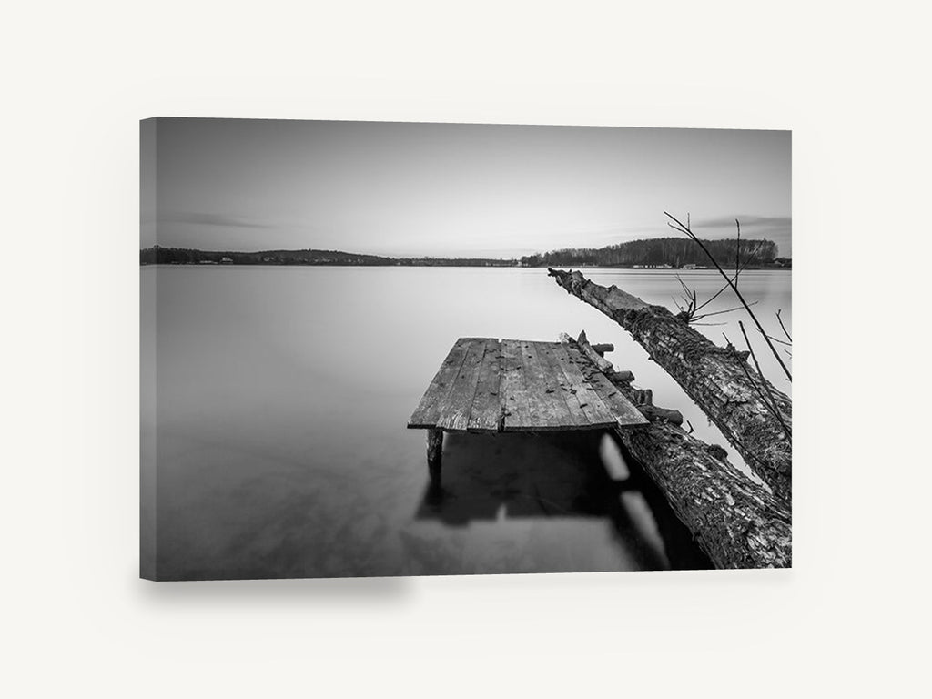 Fallen Log Jetty, black and white lake pier photograph, landscape canvas wall art print ready to hang