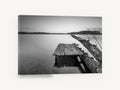 Fallen Log Jetty, black and white lake pier photograph, landscape canvas wall art print ready to hang
