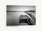 Fallen Log Jetty, black and white lake pier photograph, landscape canvas wall art print ready to hang