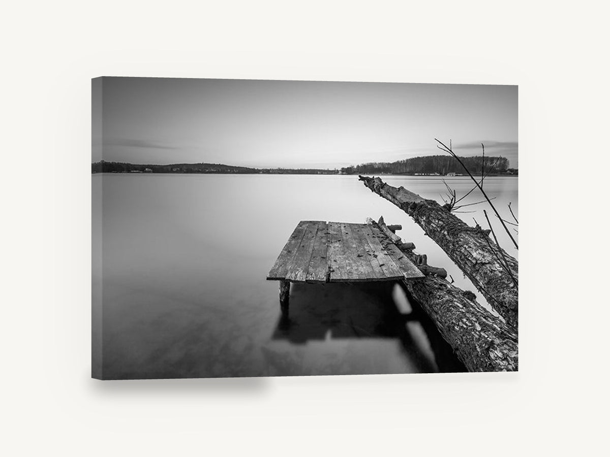 Fallen Log Jetty, black and white lake pier photograph, landscape canvas wall art print ready to hang