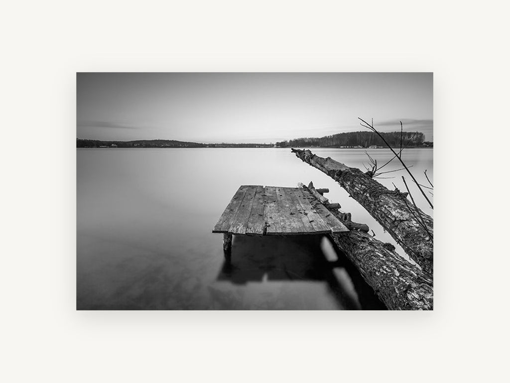 Fallen Log Jetty, black and white lake pier photograph, landscape canvas wall art print, front view