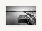 Fallen Log Jetty, black and white lake pier photograph, landscape canvas wall art print, front view