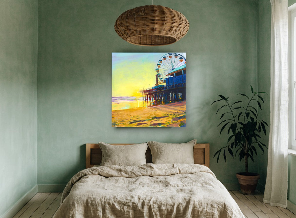 Golden Hour Pier coastal canvas print on the wall of a bedroom