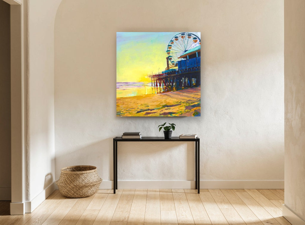 Golden Hour Pier coastal canvas print on the wall of a hallway