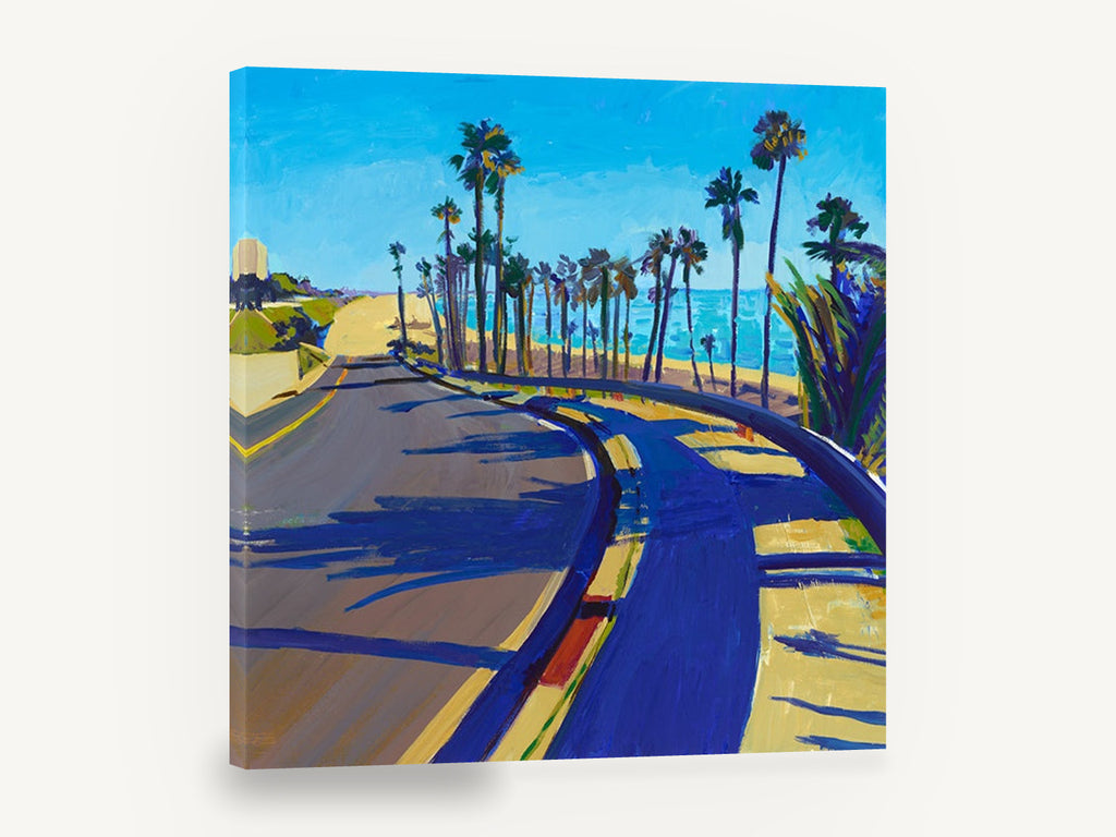 Palm Shadow Coast Road, palm lined coastal road painting, coastal canvas wall art print ready to hang