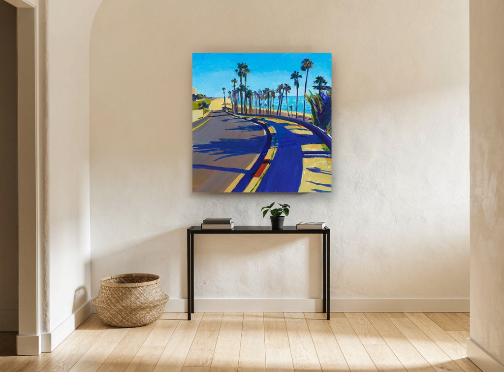 Palm Shadow Coast Road coastal canvas print on the wall of a hallway
