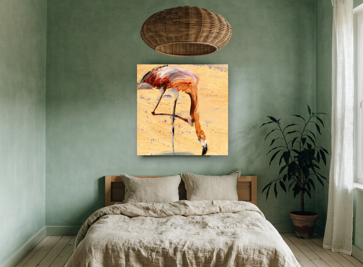 Feeding Flamingo Study animal canvas print on the wall of a bedroom