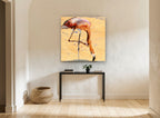 Feeding Flamingo Study animal canvas print on the wall of a hallway