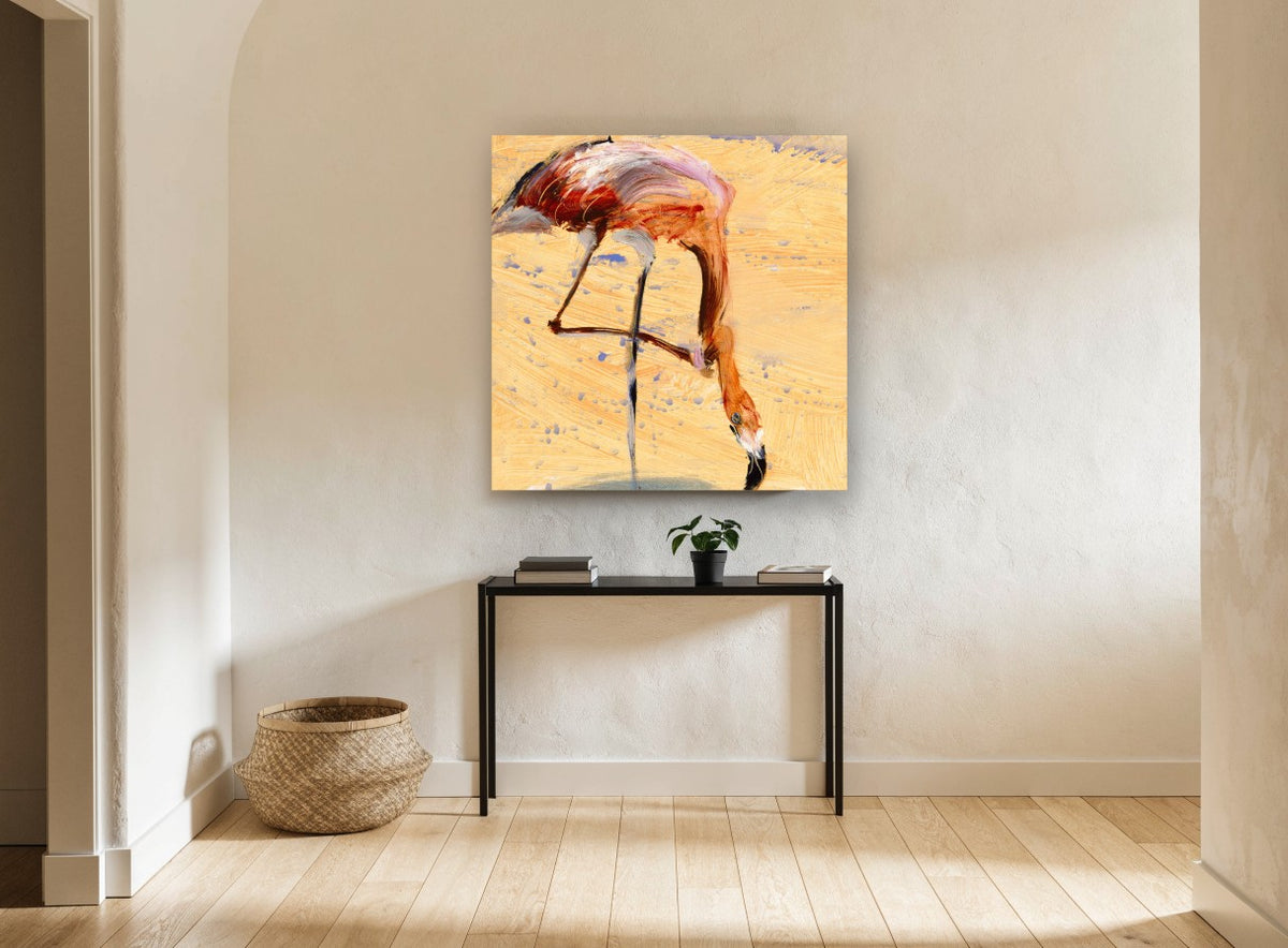 Feeding Flamingo Study animal canvas print on the wall of a hallway